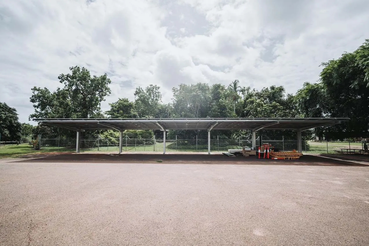 Commercial steel solar carport structure, front view