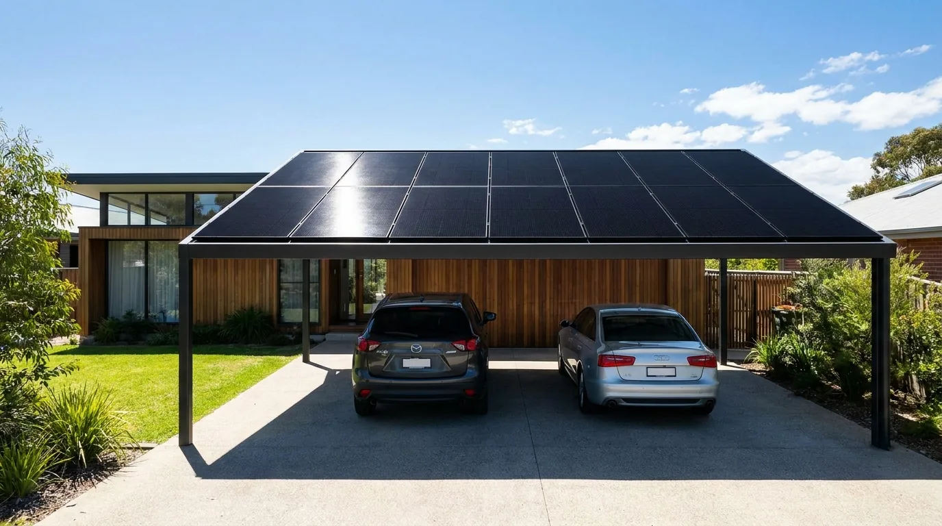 Double bay residential solar carport at a modern home
