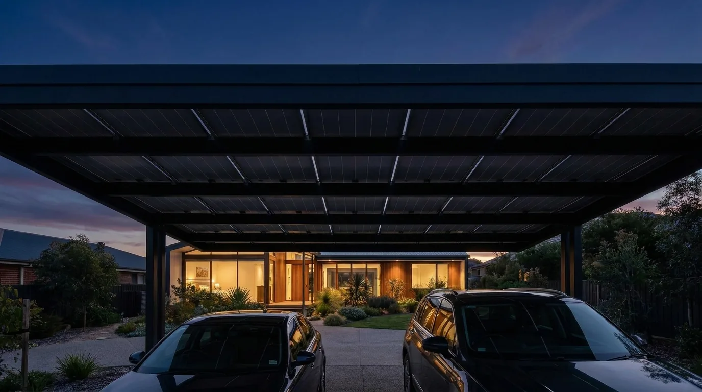 Solar carport at a residential complex at dusk