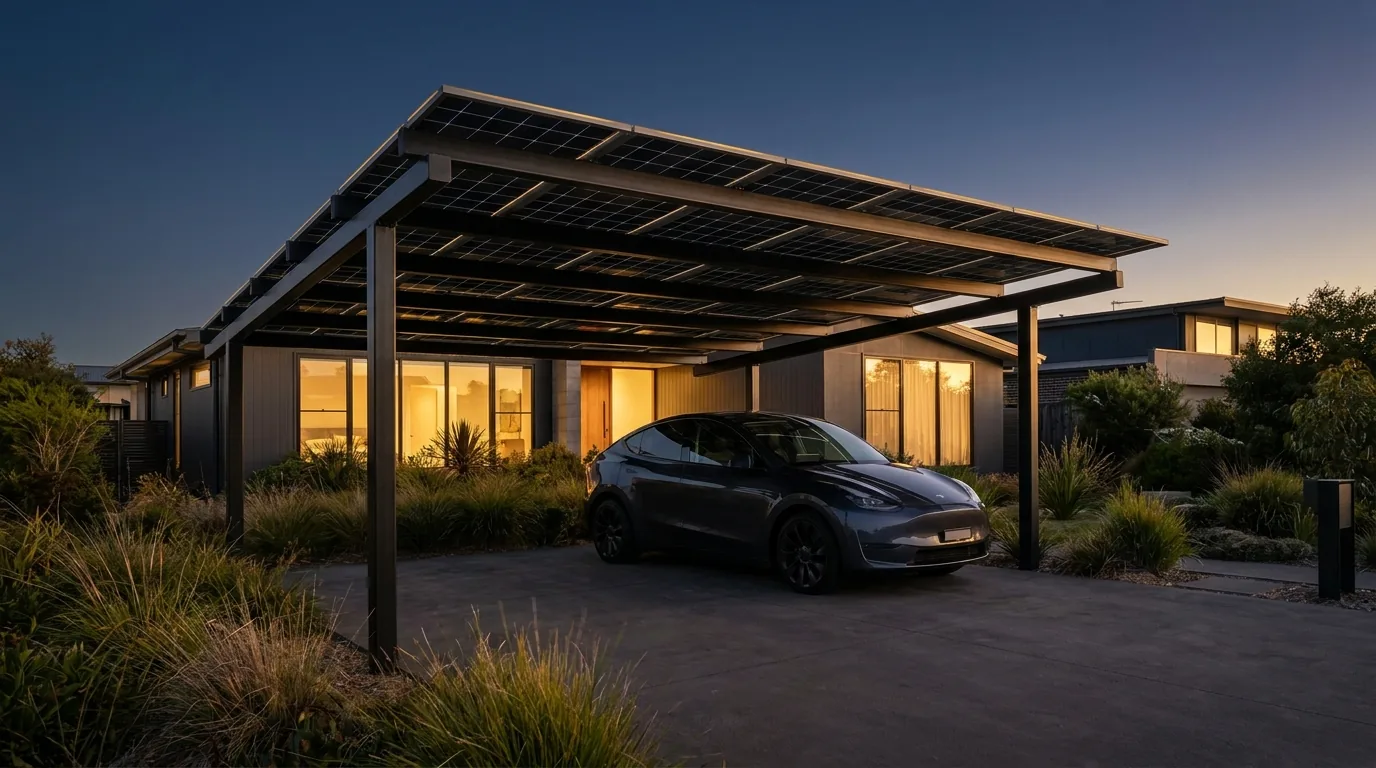 EV parked and charging under a solar carport at dusk