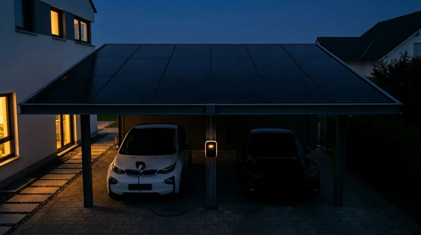 Solar EV charging canopy lit at night