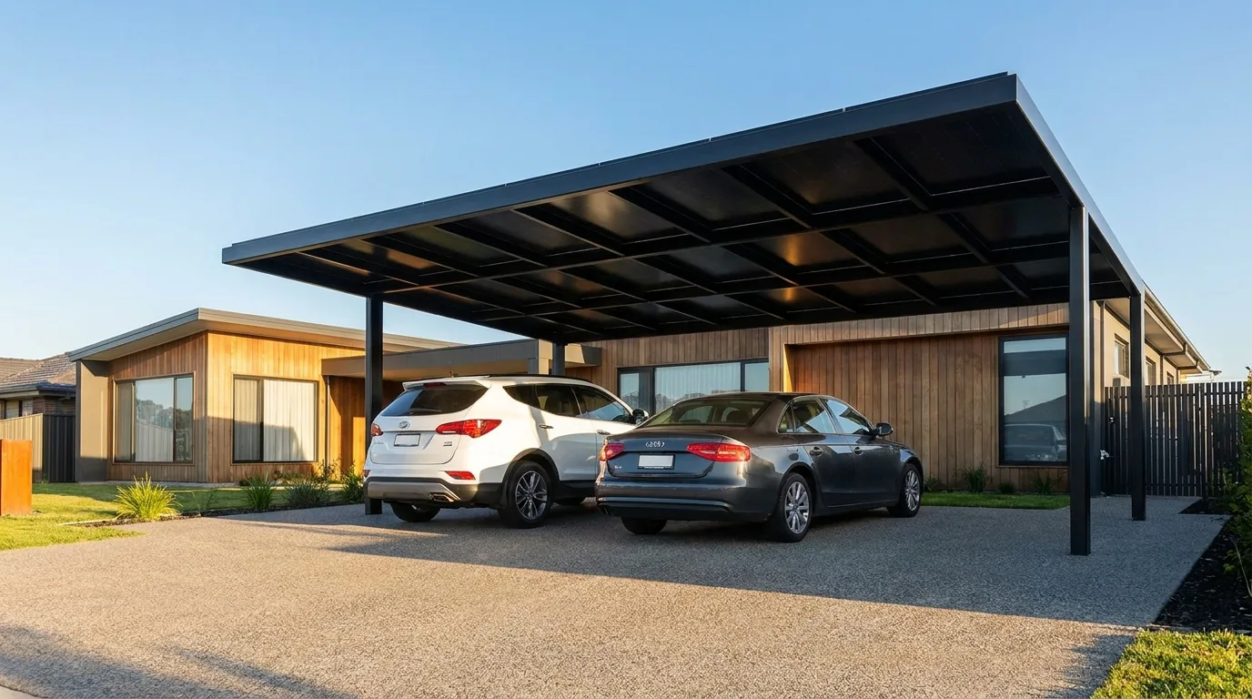 Solar carport over a driveway with vehicles