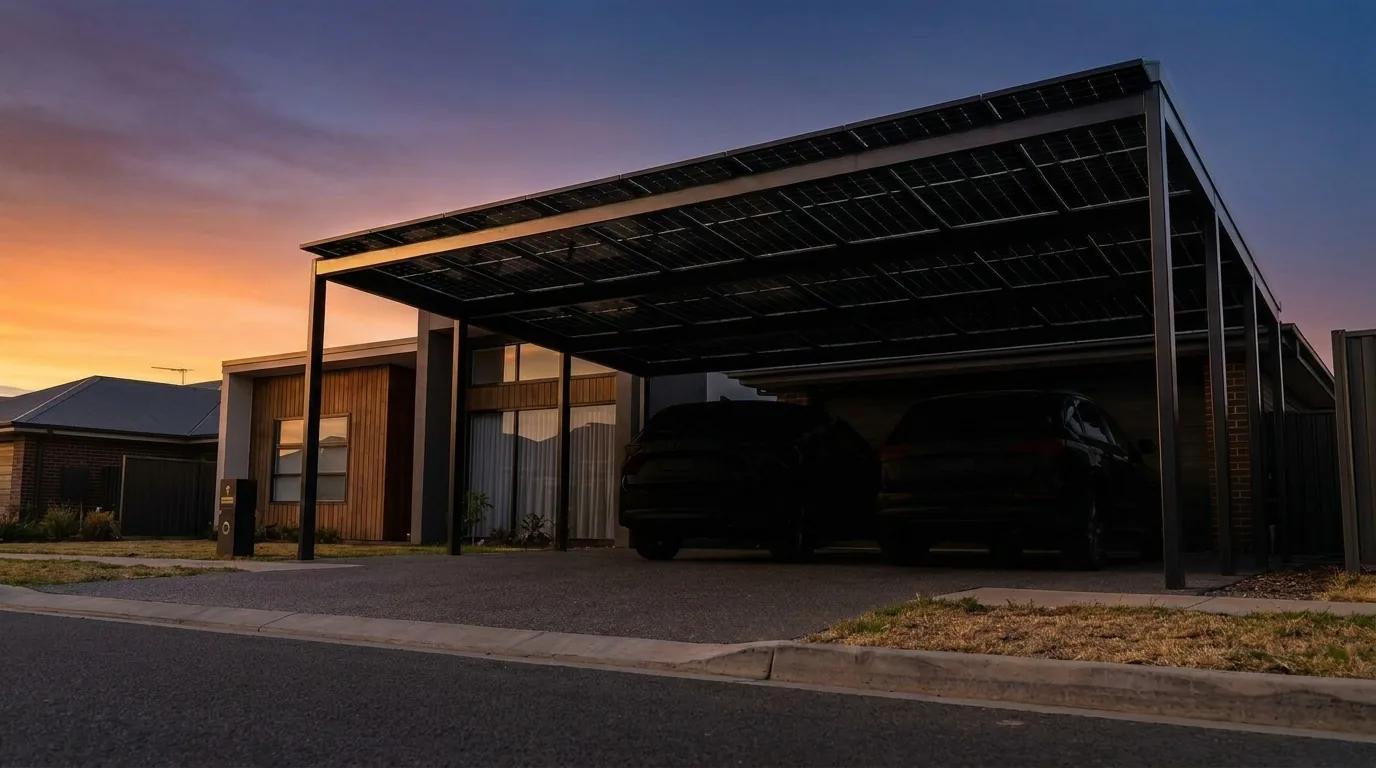Solar carport canopy over parking at sunset