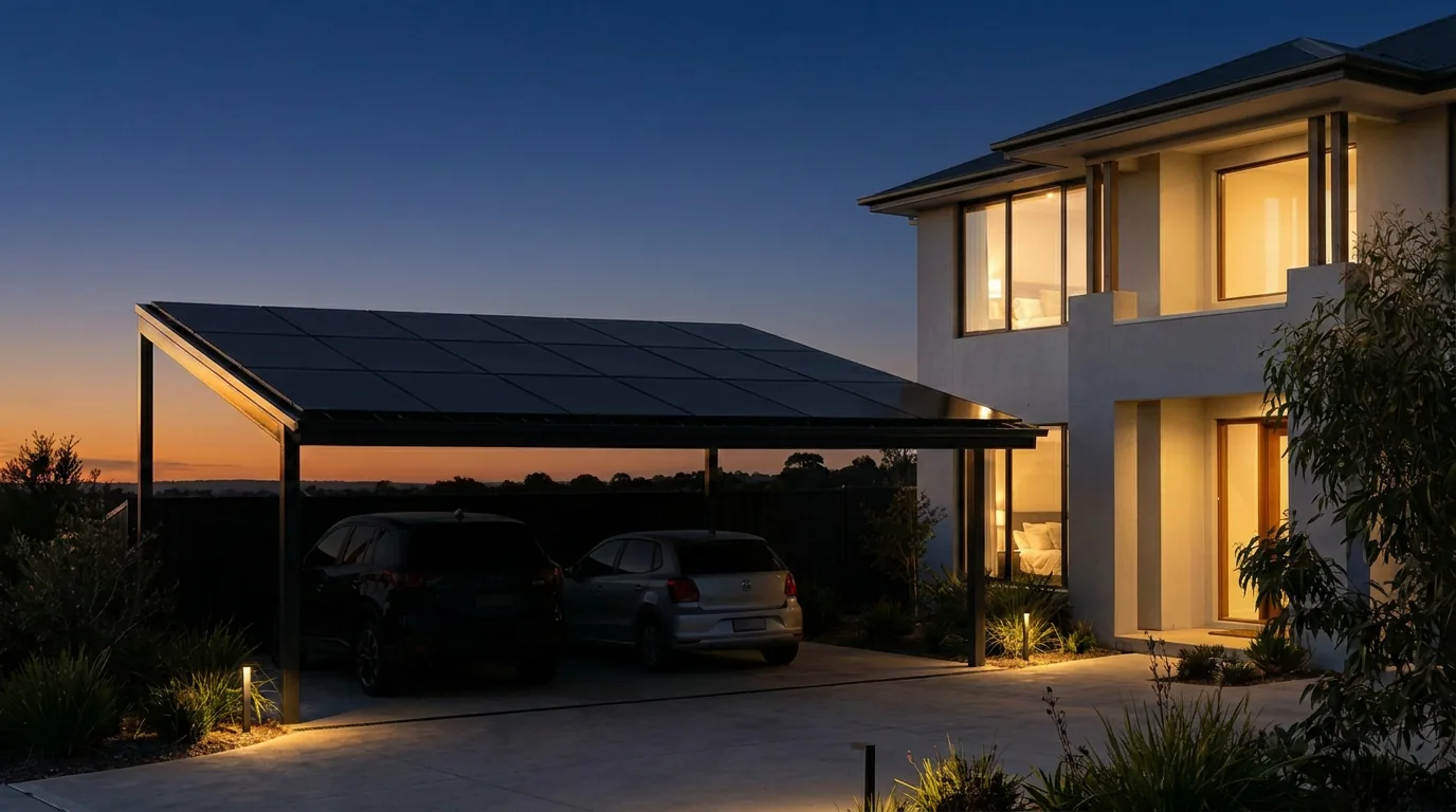 Residential solar carport at dusk